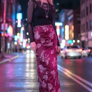 Love Peace Soul Floral Satin Maxi Skirt  Side Slit Rose Print Black Satin